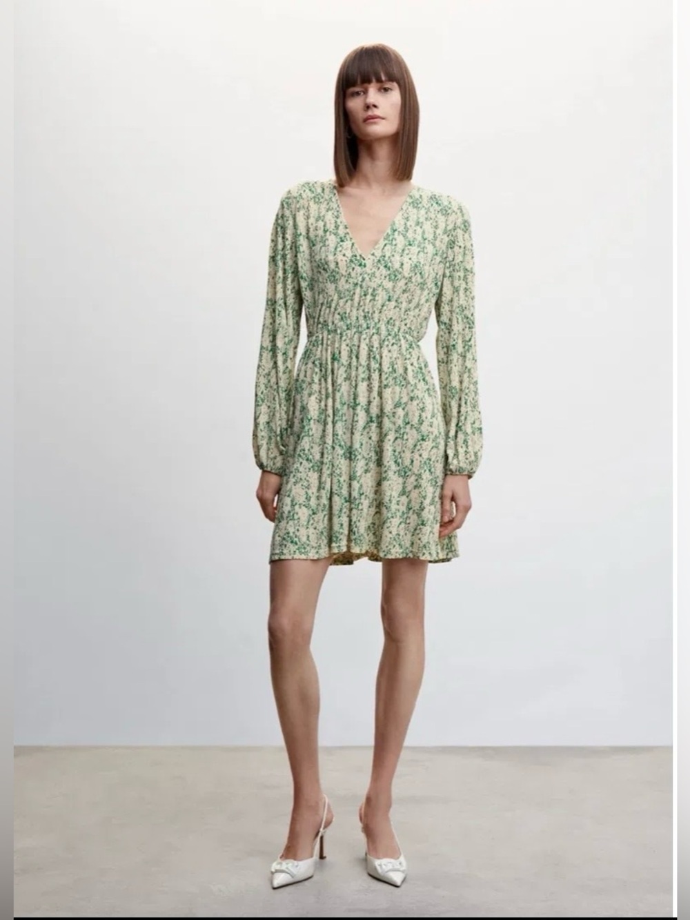 Mango MNG Mini Dress Womens Green Cream NWOT Flowy Floral Long Sleeve 6 - Picture 5 of 9